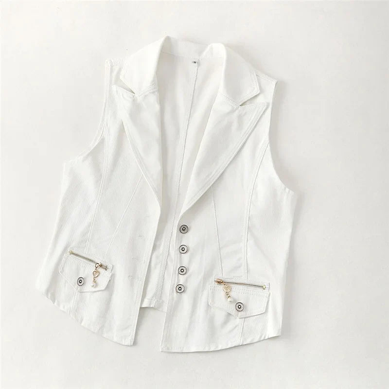 New White Denim Vest Women Waistcoat Slim Short Cowboy Sleeveless Jacket Casual Jeans Vests Female Outerwear Chaleco Mujer