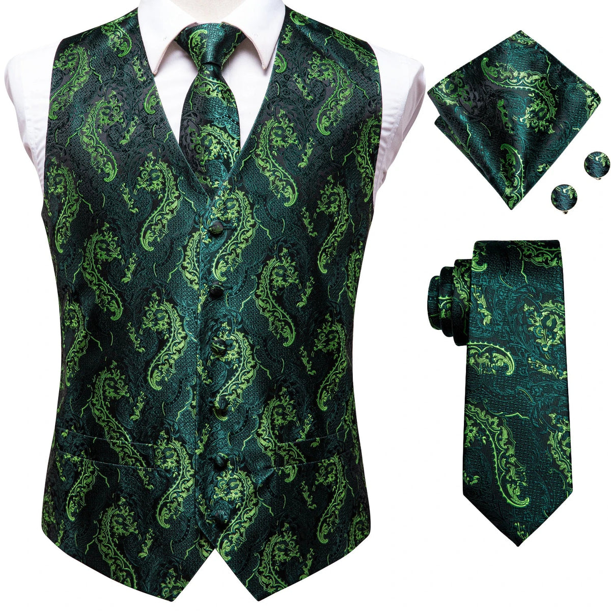 Men's Waistcoat Suit Set with Jacquard Floral Vest, Tie, Hanky & Cufflinks for Wedding and Business