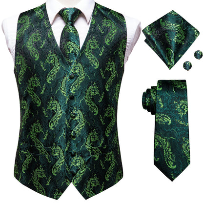 Men's Waistcoat Suit Set with Jacquard Floral Vest, Tie, Hanky & Cufflinks for Wedding and Business