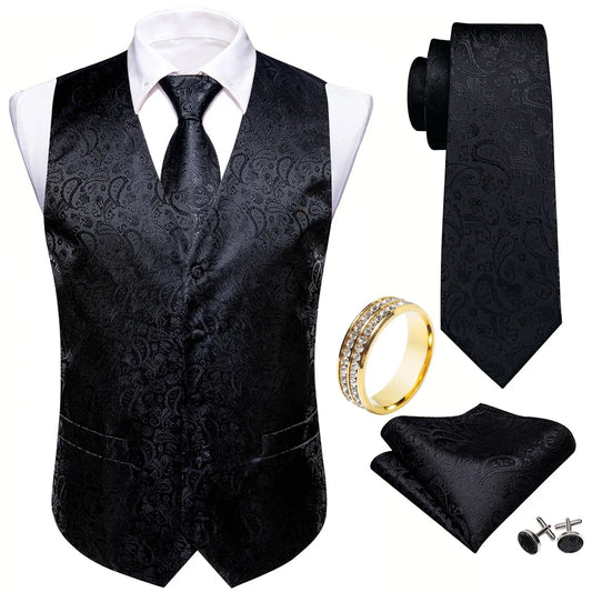 Men's Vest 5-Piece Set Solid Black Subtle Paisley V-Neck for Banquet Gala Anniversary