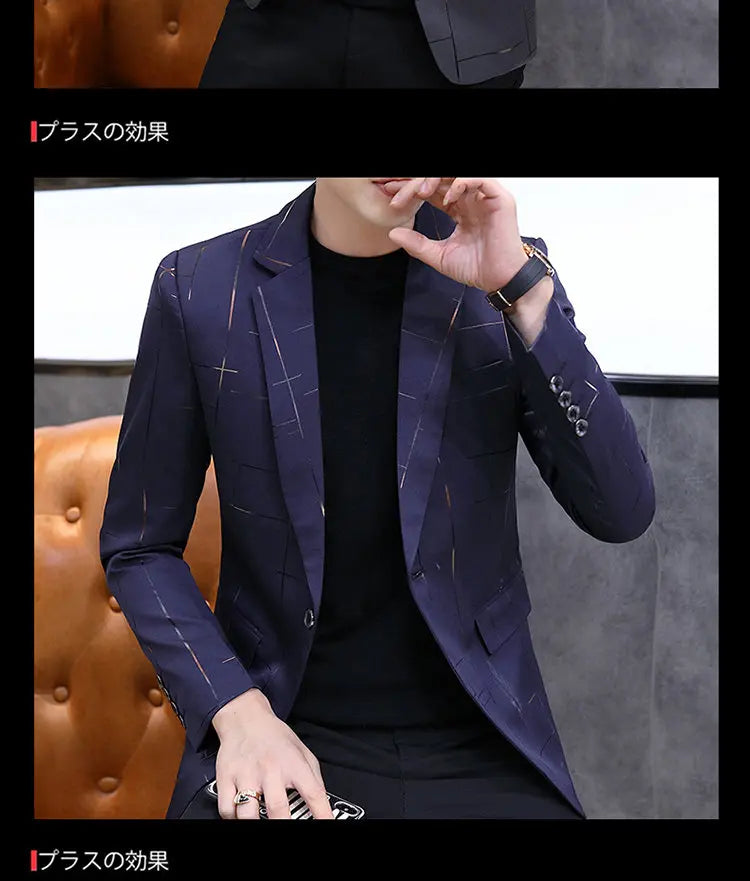 Men's Slim Fit Blazer – Gradient Color, Gold Thread Embossed, Smart Casual