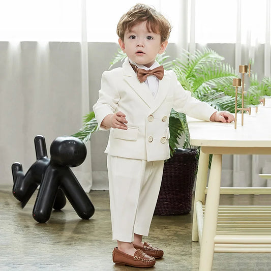 Gentleman Kids Summer White Photography Suit Children Jacket Pants Bowite 3PCS Performance Costume Baby Birthday Wedding Dress