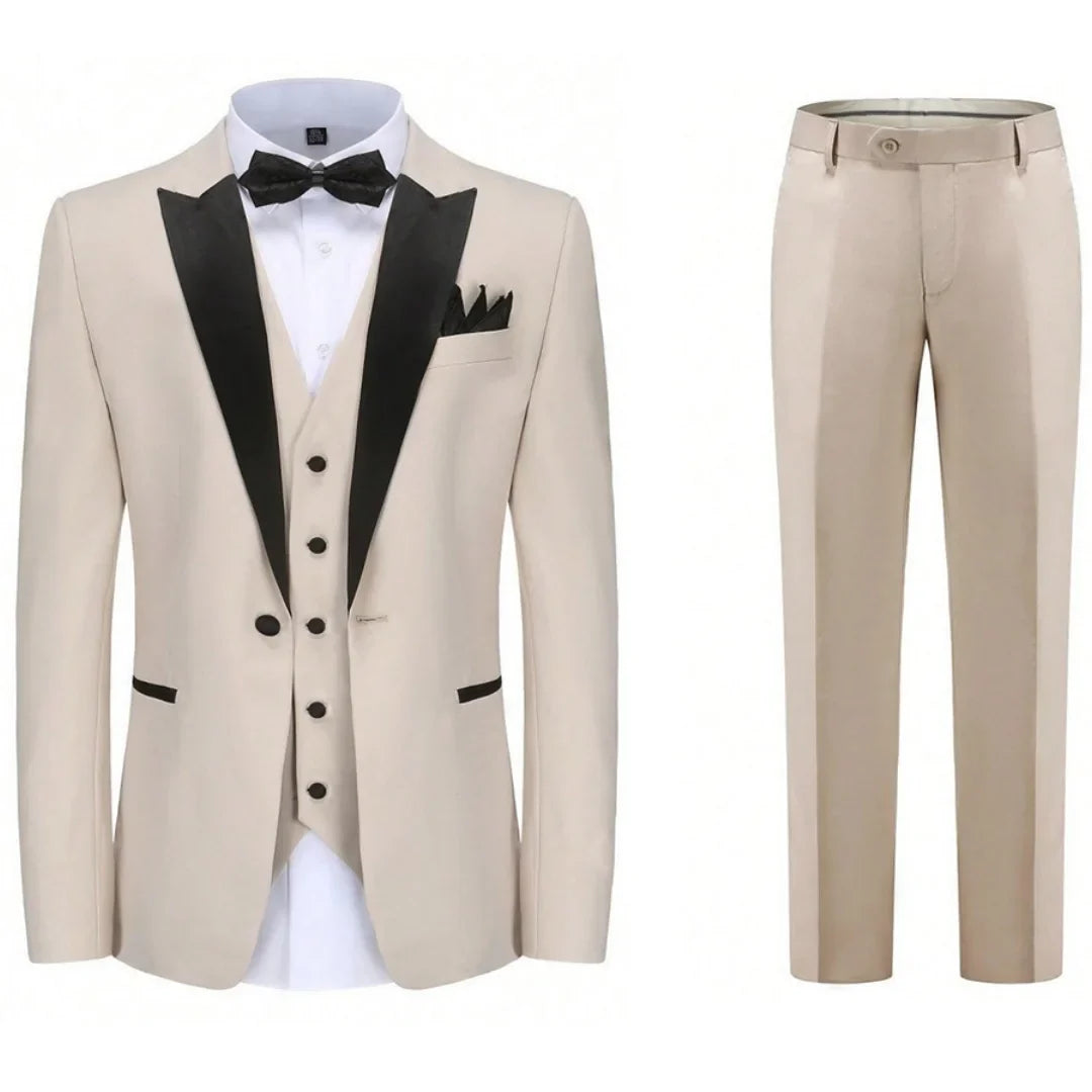 Men Suit 3 Pieces Beige With Black Lapel Single Button For Wedding Business Banquet Party Work Office Jacket Vest Pnats