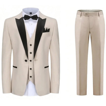 Men Suit 3 Pieces Beige With Black Lapel Single Button For Wedding Business Banquet Party Work Office Jacket Vest Pnats