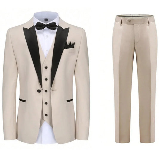 Men Suit 3 Pieces Beige With Black Lapel Single Button For Wedding Business Banquet Party Work Office Jacket Vest Pnats