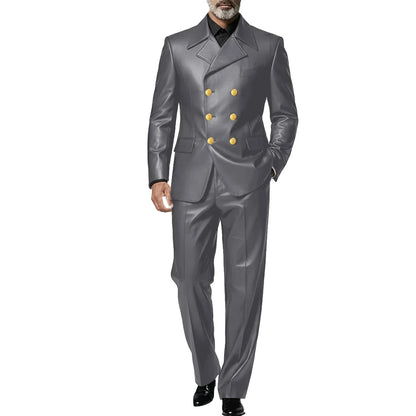 Men's Leather 2 Piece Suit Retro Double Breasted Peak Lapel Slim Fit Blazer Straight Leg Pants Formal Set Business Casual Weddin