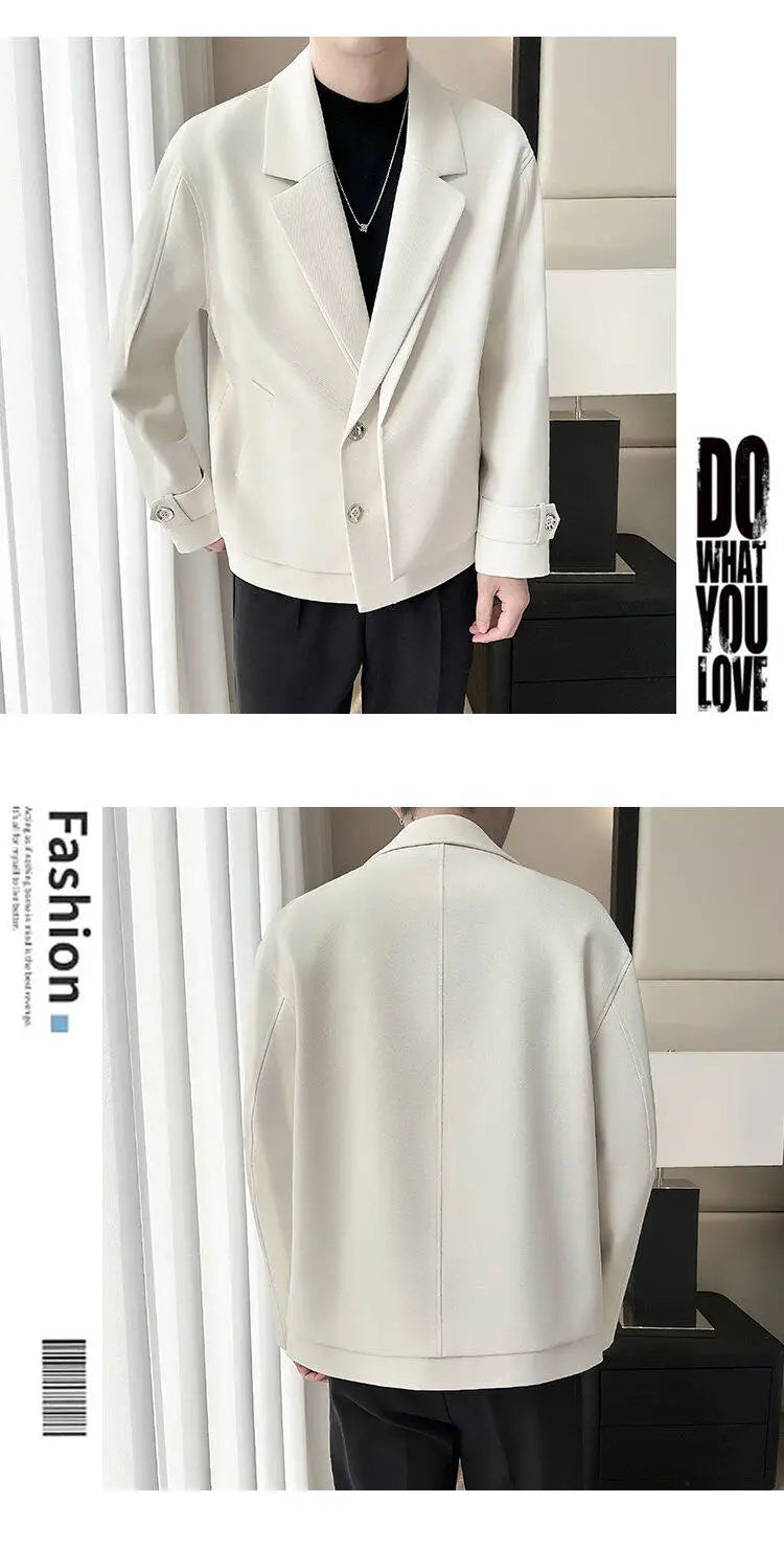 2025 Spring New Fake Two Piece Suit Collar Jacket Men Korean Trend Casual Business Blazers Loose Street Wear Social Jacket