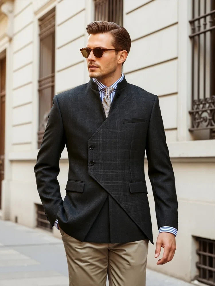 Men Slim Stand Collar Single Jacket Dark Check Panel Blazer New Chinese Style Office Evening Party Outerwear