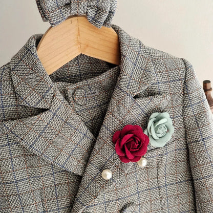 Kids Boys Gentleman Plaid Suit Outfit Jacket Pants Suspenders Bow Tie Formal Wedding Party Photograph Costume for Baby Boy Cloth