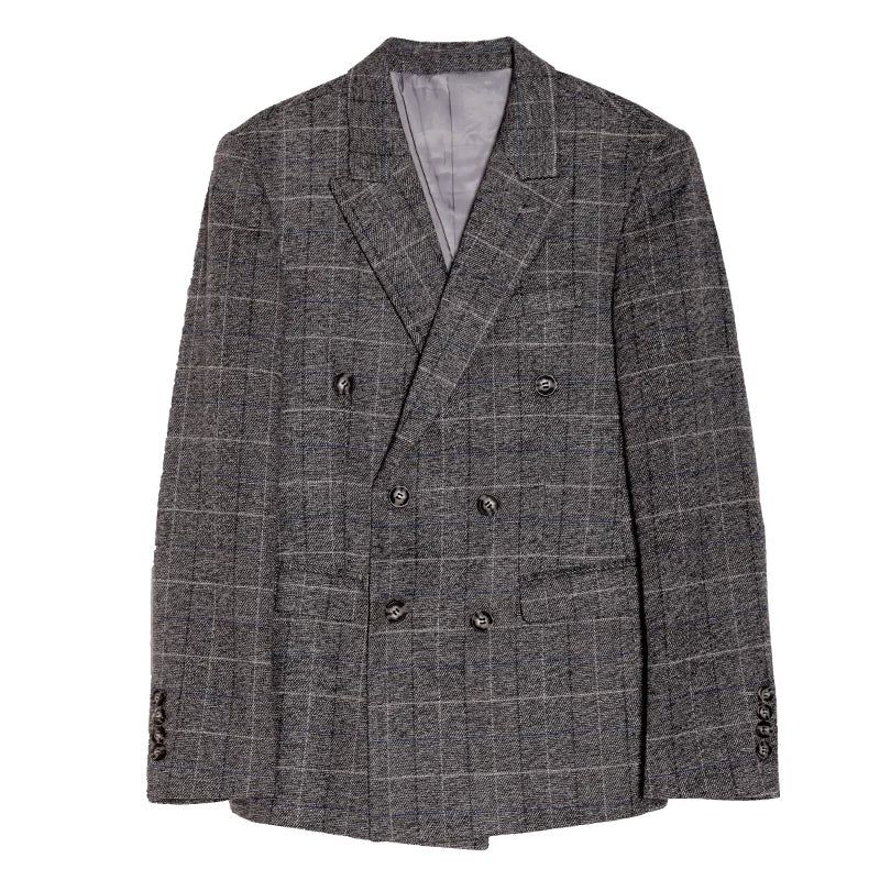 Retro British Style Double Breasted Suit Jacket Men's Checkered Business Formal Suit Wedding Professional Suit