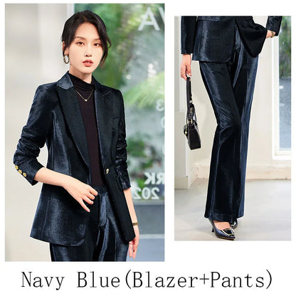 Pleuche Two Piece Sets Womens Outifits 2024 New Fashion Slim Elegant Long Sleeve Blazer Office Lady Flare Pants Suits