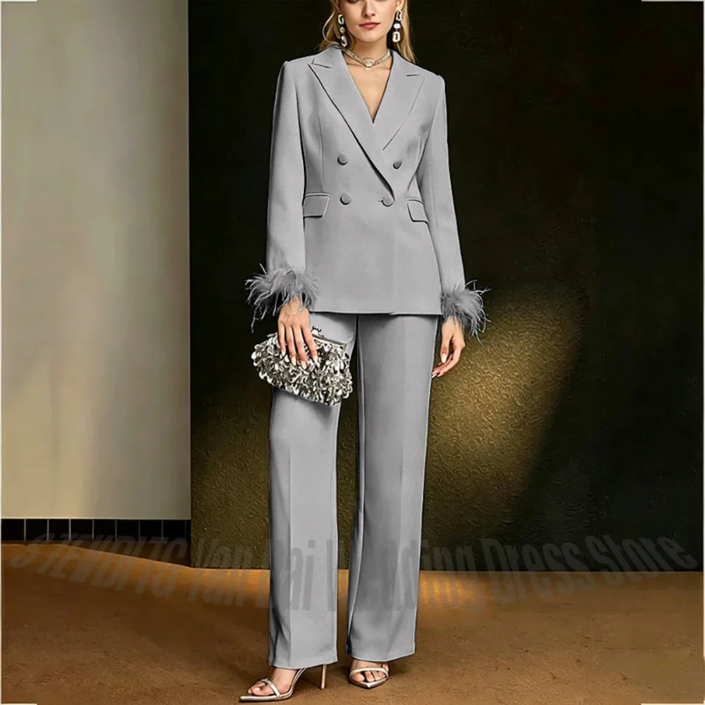 Luxury White Feather Women's Suit Elegant Classic Double Breasted Jacket Pants Formal Evening Party Wedding Guest Outfit