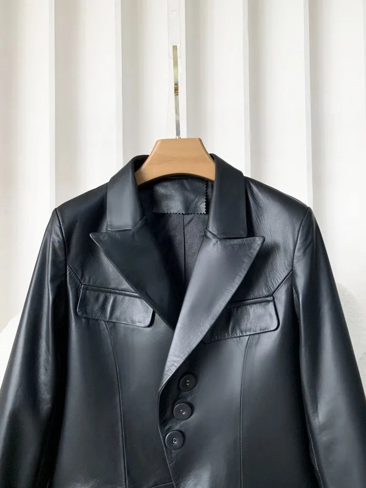 High Quality Women Single Breasted Genuine Leather Suit Jacket Fashion Office Lady Lapel Collar Slim Fit Sheepskin Blazers