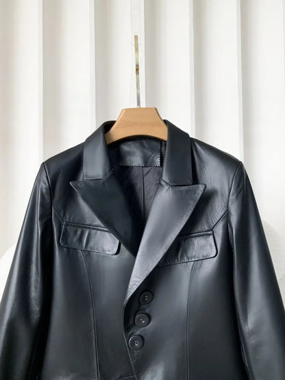 High Quality Women Single Breasted Genuine Leather Suit Jacket Fashion Office Lady Lapel Collar Slim Fit Sheepskin Blazers