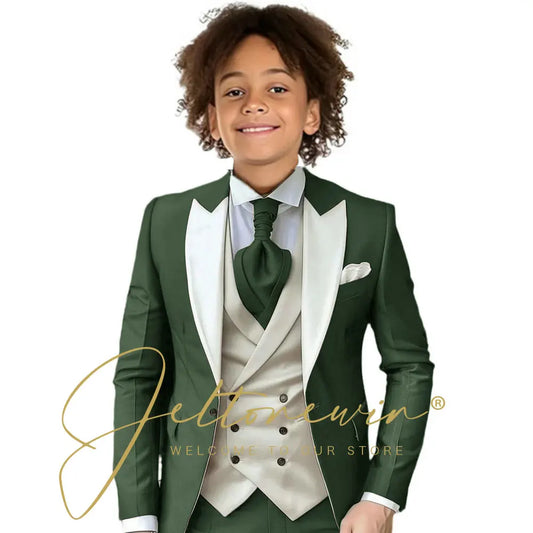 Dark Green Children Formal Wedding Suit Kids Jacket Pants Ivory Vest Photography Dress Flower Boy Birthday Tuxedo Suit