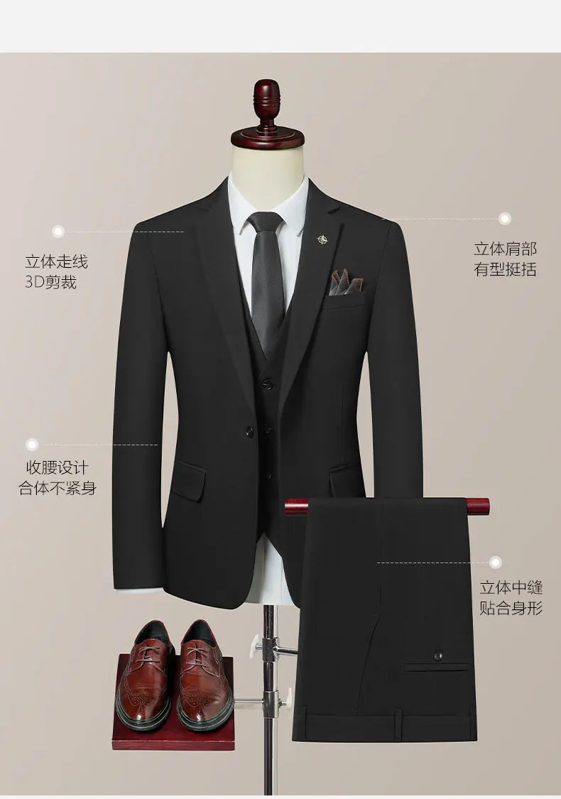 High-Quality Groom's Three-Piece Set Wedding Dress - Slim Fit British Style Business Casual Suit Vest Trousers for Men