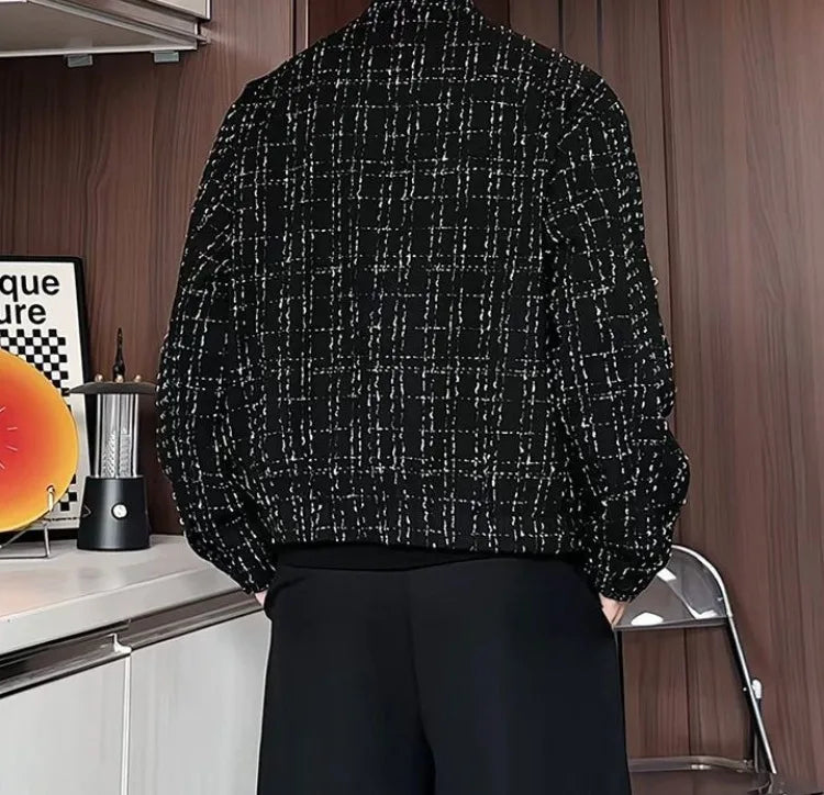 Men's Spring High-End Plaid Blazer Bad Boy Style Cropped Jacket Chinese Stand Collar Suit Outerwear