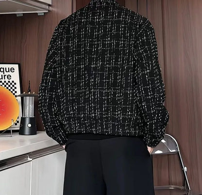Men's Spring High-End Plaid Blazer Bad Boy Style Cropped Jacket Chinese Stand Collar Suit Outerwear