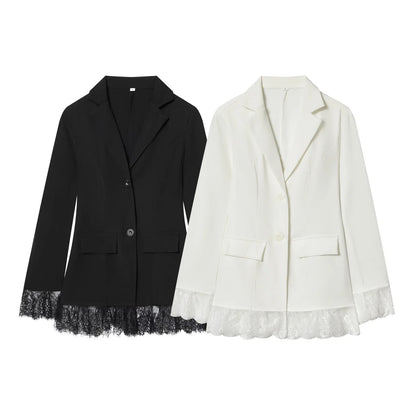 Woman Early Spring Fashion Long Sleeves Single Breasted Lace Patchwork Decoration Blazer Female Casual Slim Commuting Coat