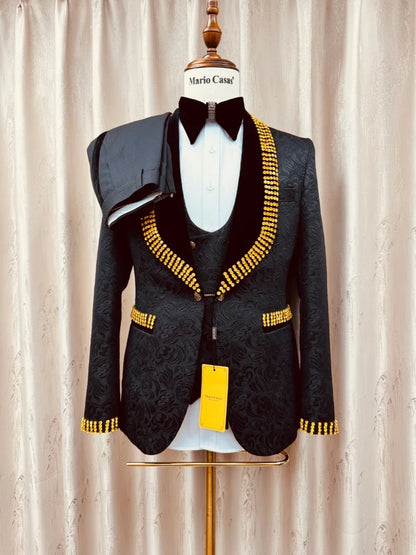 Jacquard Men's Handsome Suit Set 3 Pieces banquet Party Wear Golden Beaded Man Slim Fit Suits Wedding Groom Sets S-3XL Tuxedo
