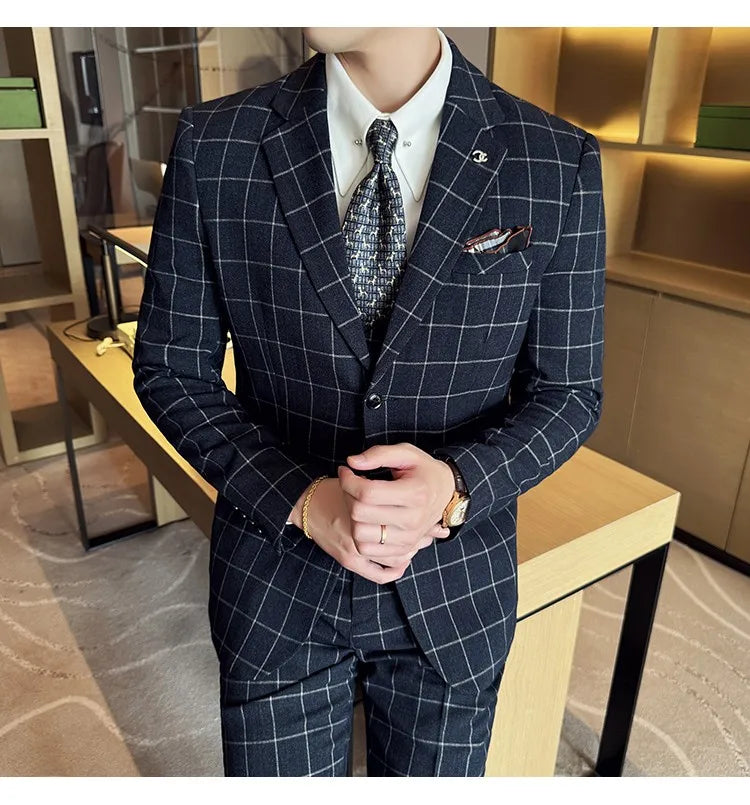 Men's 3-Piece Slim Fit Plaid Suit – Jacket, Vest & Pants for Weddings, Office & Formal Occasions