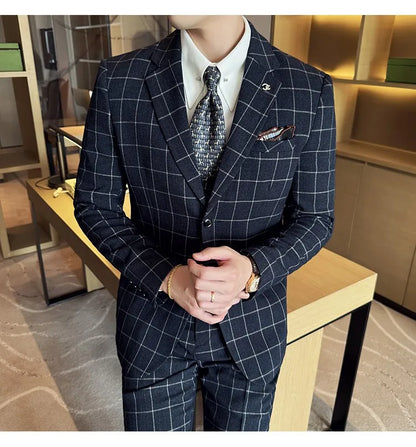 Men's 3-Piece Slim Fit Plaid Suit – Jacket, Vest & Pants for Weddings, Office & Formal Occasions