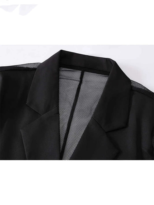 Women's Black Gothic Mesh Patchwork Blazer Coat Vintage Streetwear Harajuku Emo 2000s Suit Jacket Long Sleeve Outerwear Clothes
