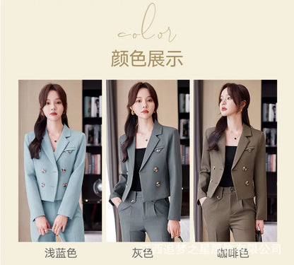 Blue Suit Women 2024 New Spring High End Fashion Temperament Professional Short Blazer And Pants Sets Office Ladies Work Wear
