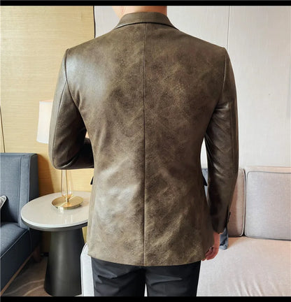 Retro Double Breasted Leather Jacket Mens High-end Fashion Slim Fit business Casual Suit Coat Formal Social Party Prom Tuxedos