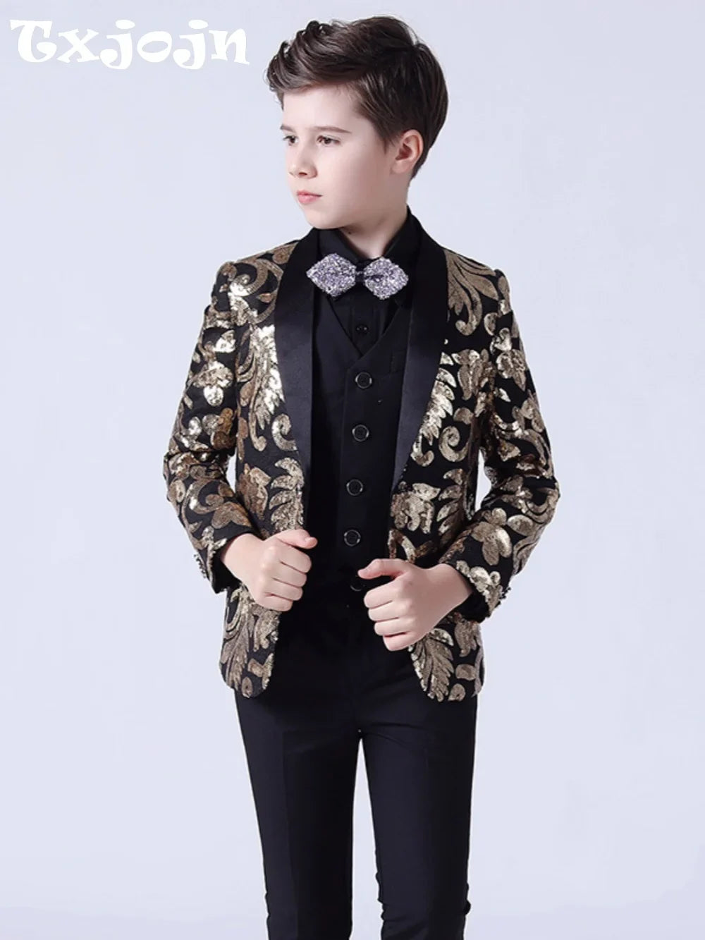 Golden Sequins Kids Suit Set 4 Pieces Wedding Ring Bearer Outfit Luxurious Shawl Lapel Boys Slim Fit Suits For Stage Performance