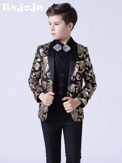 Golden Sequins Kids Suit Set 4 Pieces Wedding Ring Bearer Outfit Luxurious Shawl Lapel Boys Slim Fit Suits For Stage Performance