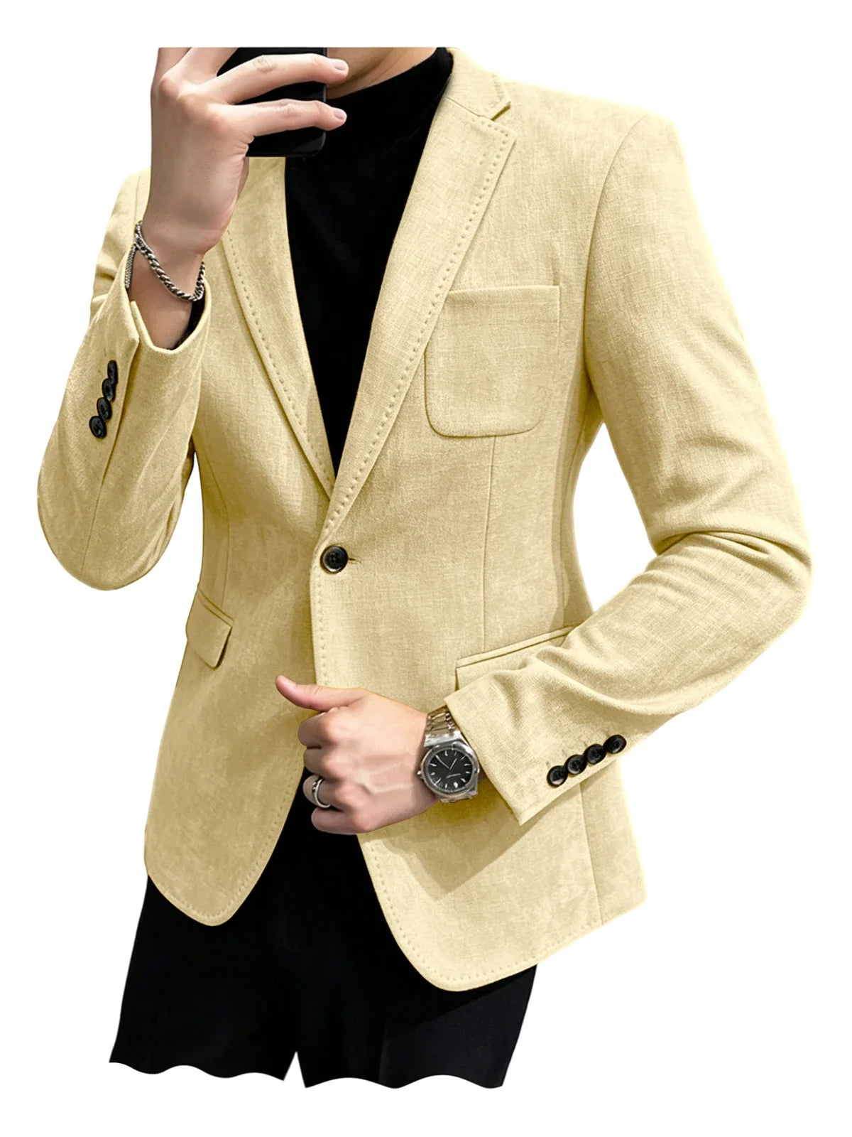 Mens Blazer Linen Blend Notched Lapel 1 Button Slim Fit Stitched Edge Patch Pockets Business Casual Daily Soft Breathable Jacket