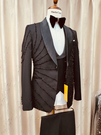 3-Pieces Men's Black Suit Set Formal Banquet Party Wear Luxurious Crystal Shawl Lapel Tuxedo Host Costumes S-3XL Wedding Suits