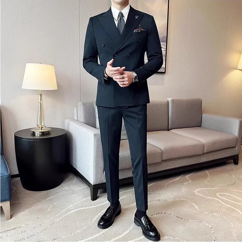 (Jackets +Pants ) Men's Suits 2 Piece High-Quality Double Breasted Lapel Solid Business Groom Wedding Tuxedo Banquet Clothing
