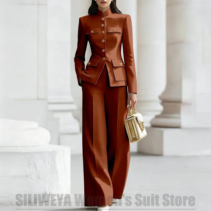 Women's Ivory Suit Mandarin Collar 2 Piece Military Style Gold Buttons Blazer Wide Leg Pants Wedding Party Prom Lady Suits