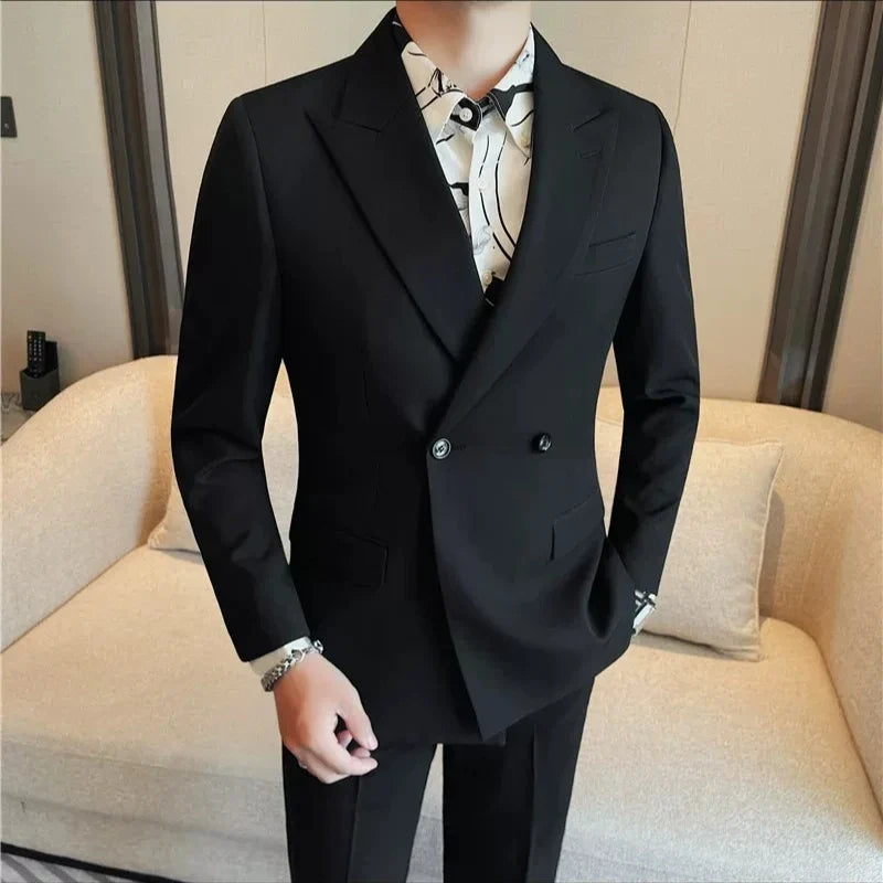 British Style Double Breasted Blazer Jackets Men High Quality Casual Business Suit Jacket Slim Business Wedding Groom Dress