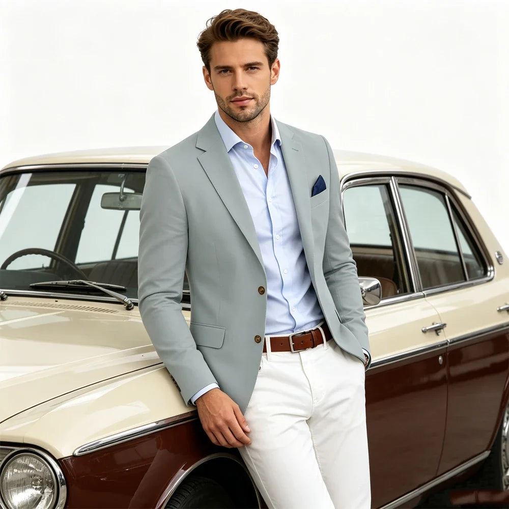 Men's Linen Blend Blazer Notched Lapel Two Button Breathable Suit Jacket For Business Casual Wedding Daily Wear