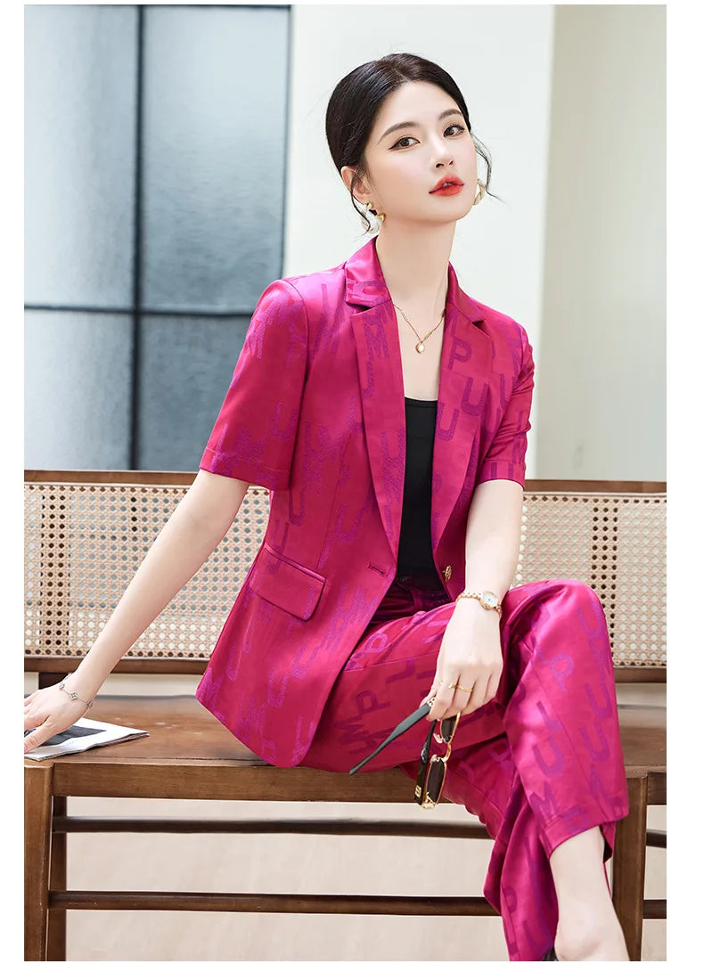 Fashion Letter Print Short Sleeve Professional Suit Women New 2026 Summer Elegant Slim Blazer And Pants Office Ladies Work Wear