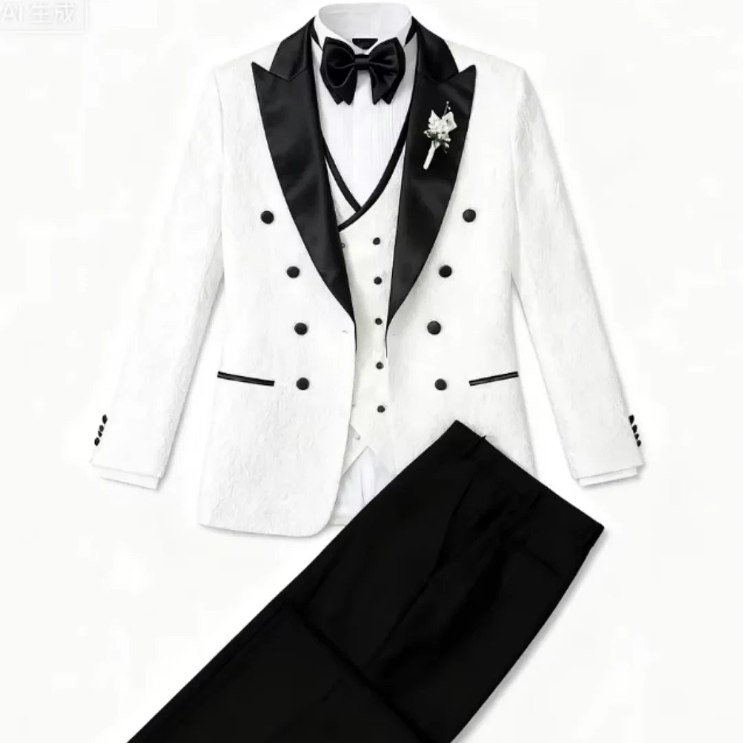 Floral Wedding 3 Piece Men's Tuxedo Set Slim Fit Double Breasted Peak Lapel Luxury Fashion Formal Suit with Full Jacket Vest Pan