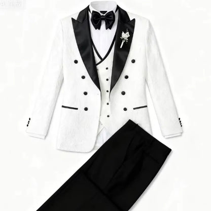 Floral Wedding 3 Piece Men's Tuxedo Set Slim Fit Double Breasted Peak Lapel Luxury Fashion Formal Suit with Full Jacket Vest Pan
