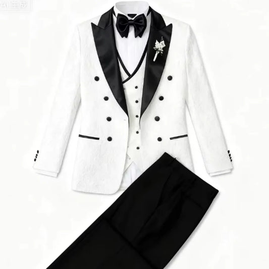 Floral Wedding 3 Piece Men's Tuxedo Set Slim Fit Double Breasted Peak Lapel Luxury Fashion Formal Suit with Full Jacket Vest Pan