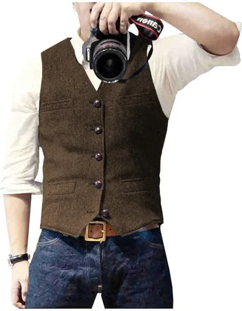 Men's Waistcoat Herringbone Wool Blend V-Neck Single Breasted Vest for Weddings and Smart Casual