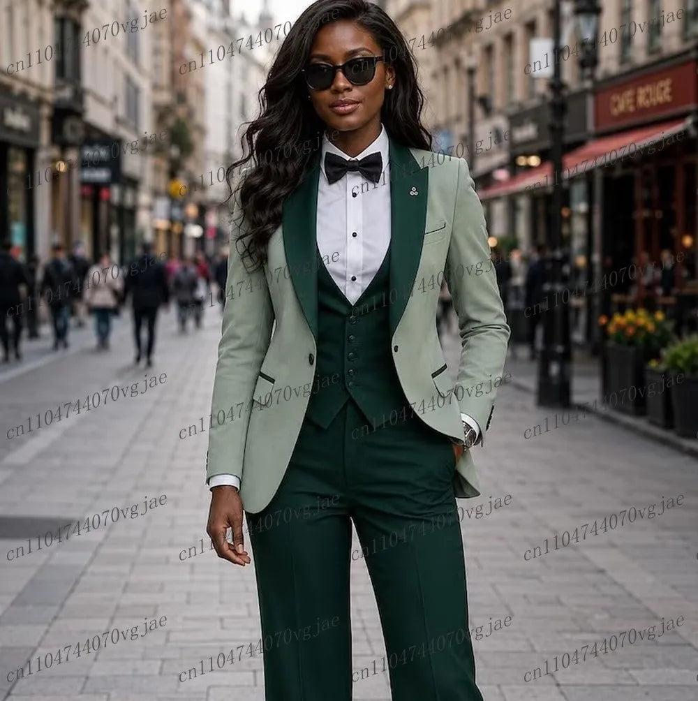 Mint Green And Dark Green Formal Business Women Suit Wedding Party Prom Ladies Mother Girl Tuxedos 3 Piece Set Blazer Vest Pants