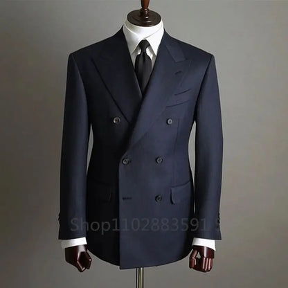 Navy Blue Blazer Fashion Mens Office Business Double breasted Suit Jacket Groom Wedding Dress Jacket Top Host Groom Dress