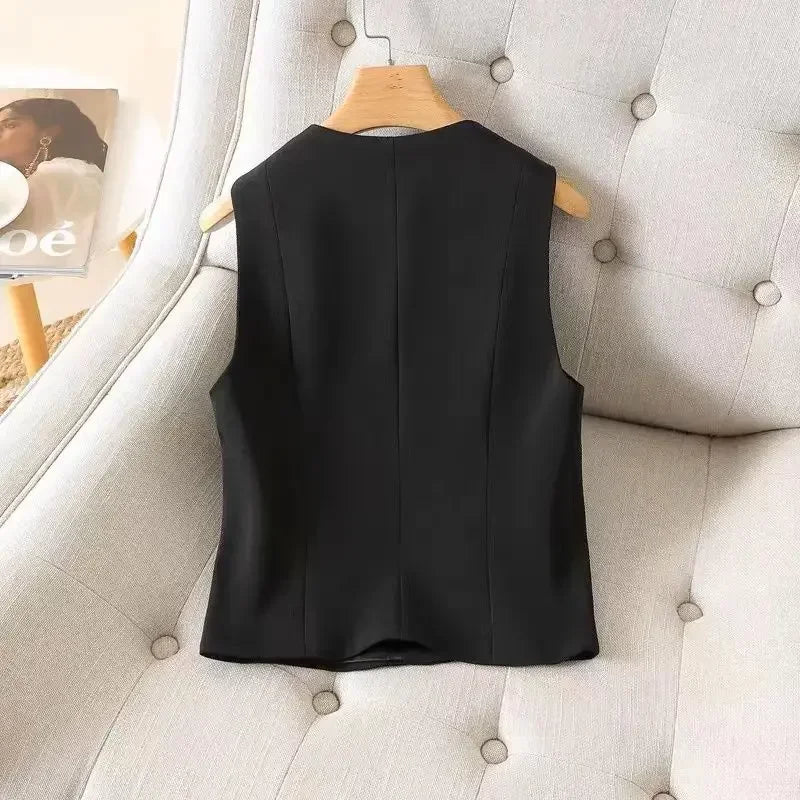 Women's Streetwear Fashion Double Breasted Suit Vest Casual Elegant Short Vest Office Ladies Waistcoat Female Sleeveless Jacket