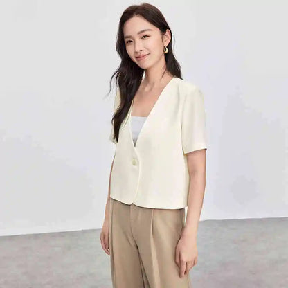 Solid Color Women's Jackets 2026 New Formal Cropped V Neck Single Button Short Sleeve Commuting Outerwear 152X87886