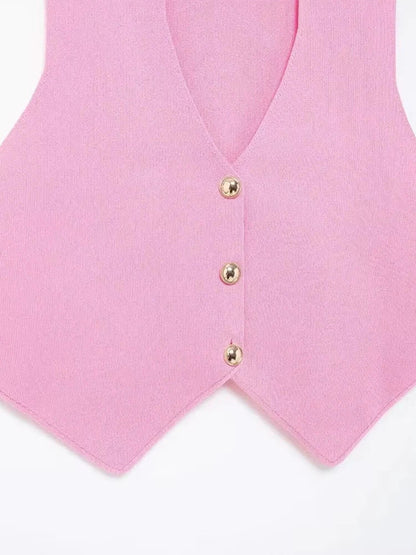 Women's Front Button Crop Knit Vest Sweater, V Neck, Sleeveless, Female Waistcoat, Chic Tops, Fashion