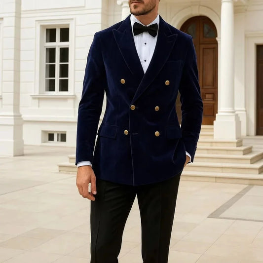 Men's Velvet Blazer Double Breasted Slim Fit with Gold Buttons for Wedding & Formal Occasions