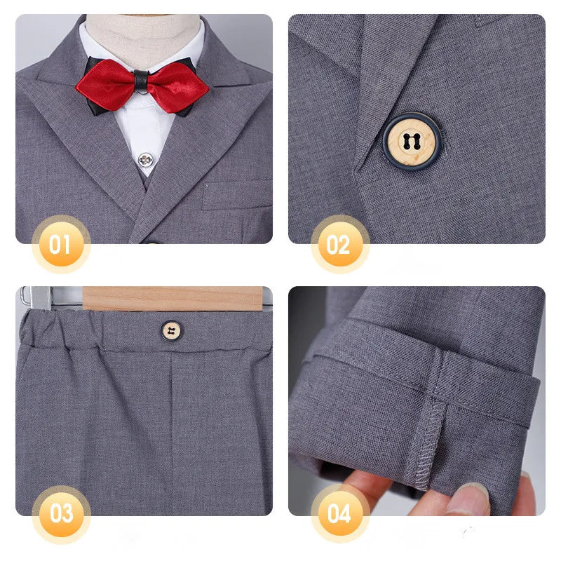 Boys Pure Pink Jacket Vest Pants Bowtie+Pocket Cloth 5pcs Wedding Birthday Outfit Kids Formal Piano Host Performance Costume