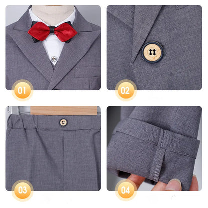 Boys Pure Pink Jacket Vest Pants Bowtie+Pocket Cloth 5pcs Wedding Birthday Outfit Kids Formal Piano Host Performance Costume
